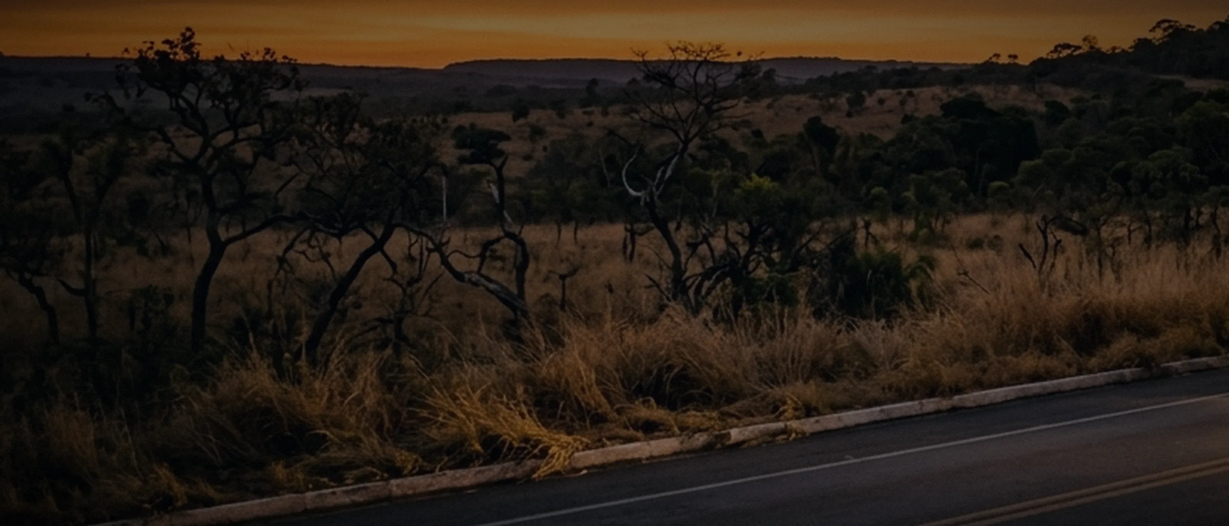 Trevo rodoviário visto do alto à noite, com rastros de luz dos faróis em longa exposição