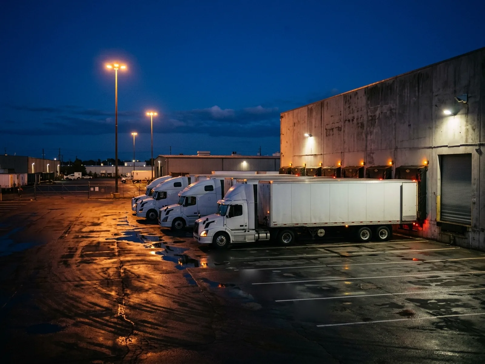 Caminhões baú estacionados nas docas de um centro de distribuição à noite, sob a luz dos postes