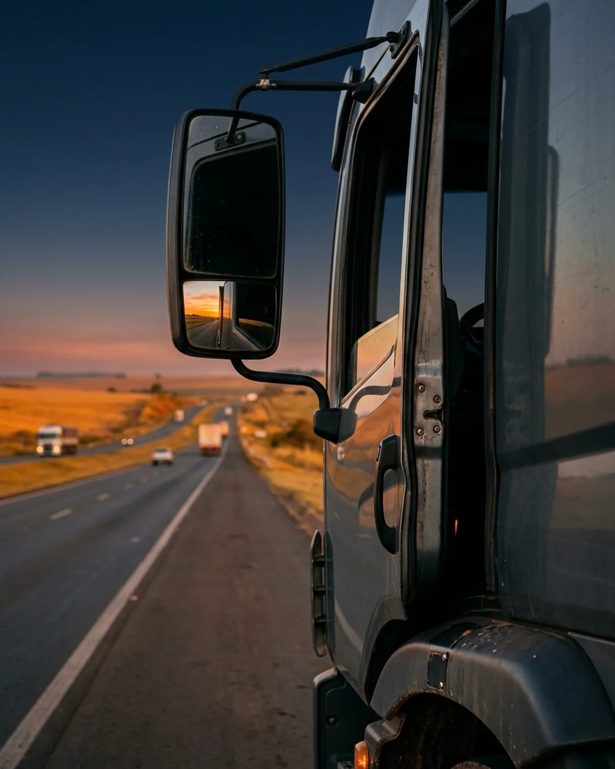 Retrovisor da cabine de um caminhão refletindo a rodovia ao pôr do sol